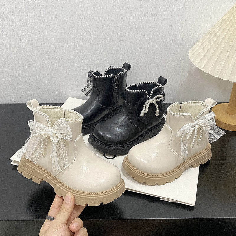 2026 Spring New Princess Boots For Girls, Kids Martin Boots, Bow & Pearl Decor Soft Sole Leather Boots For Big & Medium Kids