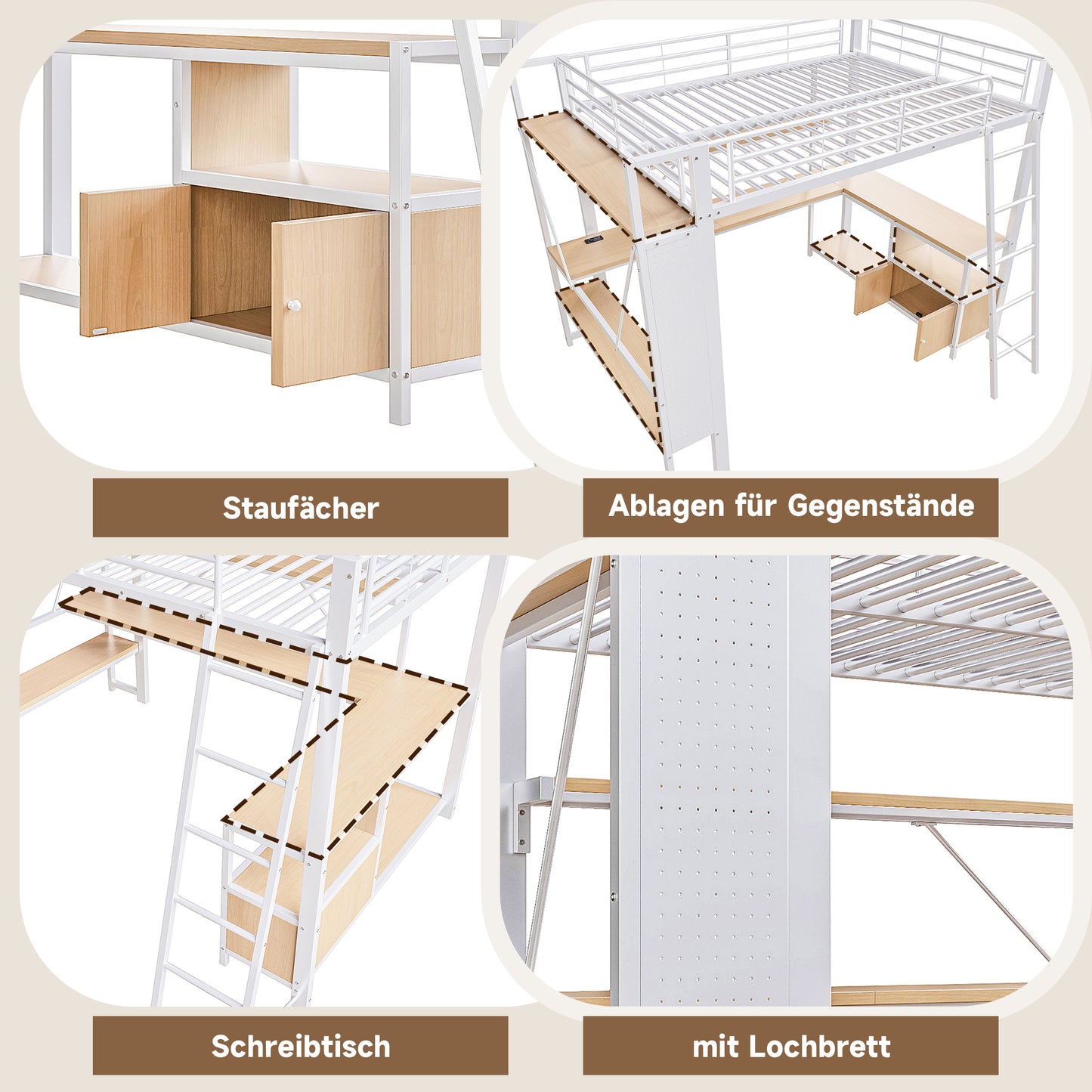 Loft Bed, 140 X 200 Cm, Iron Frame, With LED Light Strip, Desk, Storage Space, Several Shelves, Perforated Wall, USB Port, Without Mattress, White