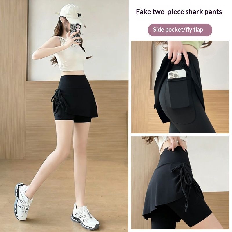 Fake Two-piece Womens High-waisted Yoga Shorts