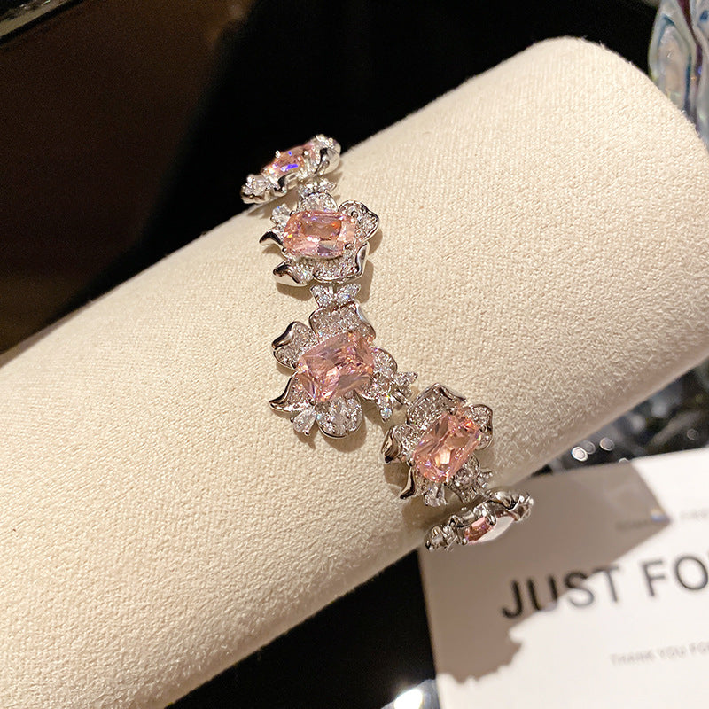 French Floral Clasp Cubic Zirconia Bracelet Dainty Elegant Bangle Exquisite Flower Buckle Wrist Fashion Jewelry