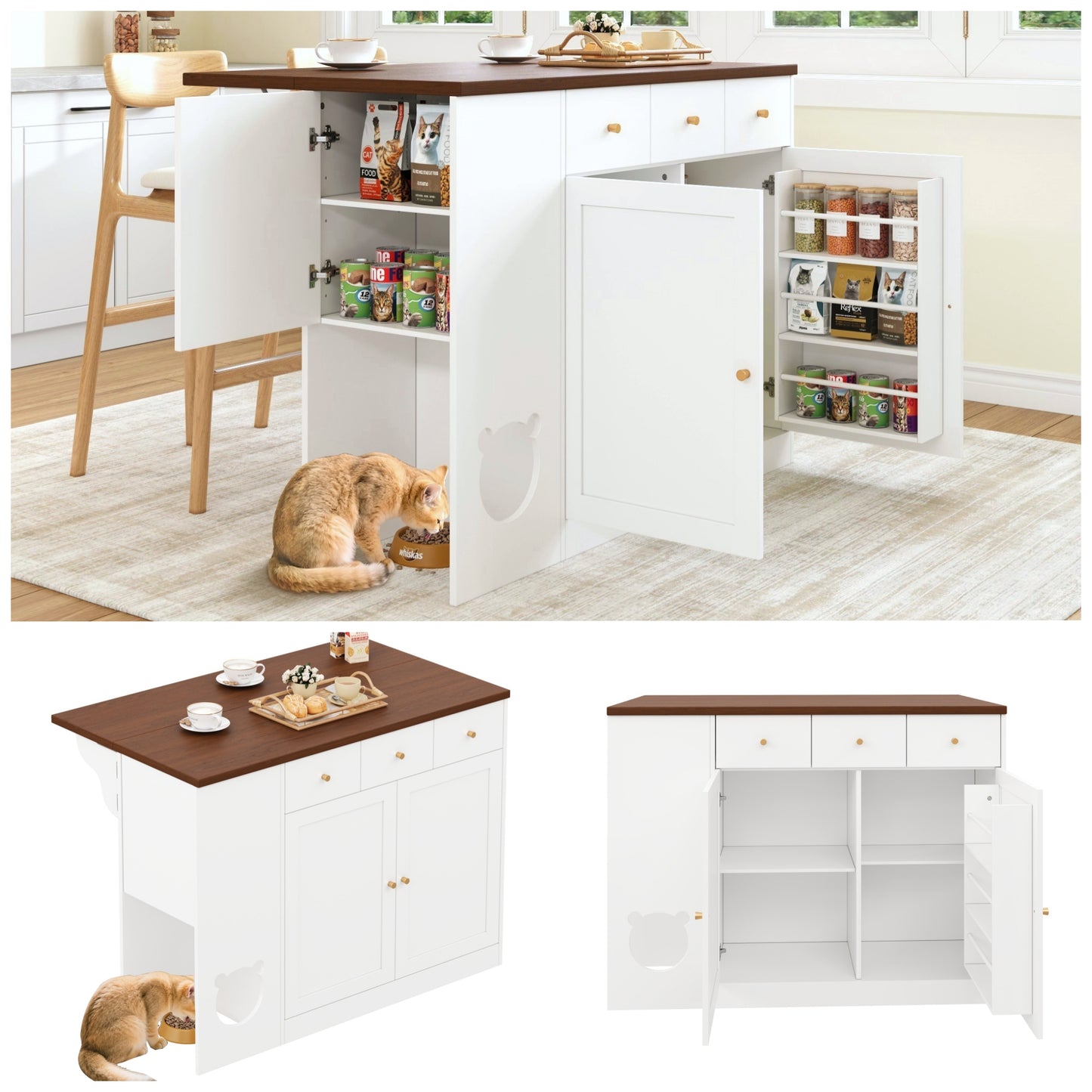 Kitchen Island, Kitchen Trolley & Sideboard With Drawers  With Pull-out Worktop, Spice Rack, Pet Eating Area  Without Cat Plate , White   Walnut Colour, 120x40 30 X90 Cm