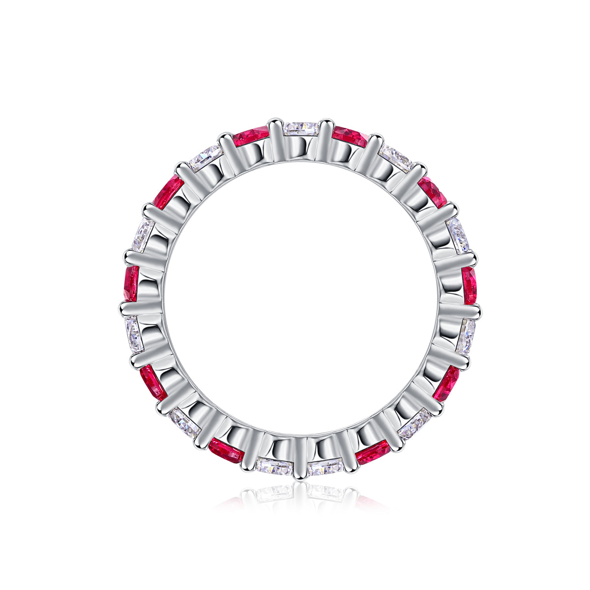 2.4g S925 Sterling Silver Platinum Plated Ring  Synthetic Ruby & White Stone Alternating Eternity Band, Dainty Promise Ring With Hollow Detailing For Women, Jewelry Gift Box Set
