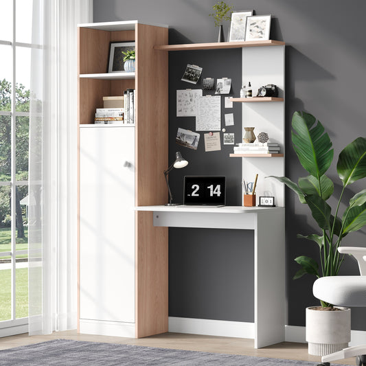 Work Table Desk With Storage   White With Rod Wood Contrast, Lower Cabinet With Doors And Upper Open Shelf, Office Design, 123.5x45x168.5 Cm