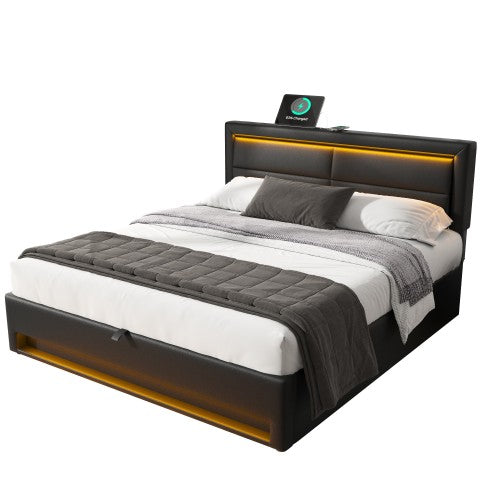 Upholstered Bed 135 X 190 Cm,Double Bed-4ft6,with USB Port  Supports Wireless And Wired Charging, With LED Lighting And Storage Space, Without Mattress, PU-Lychee Design, Black