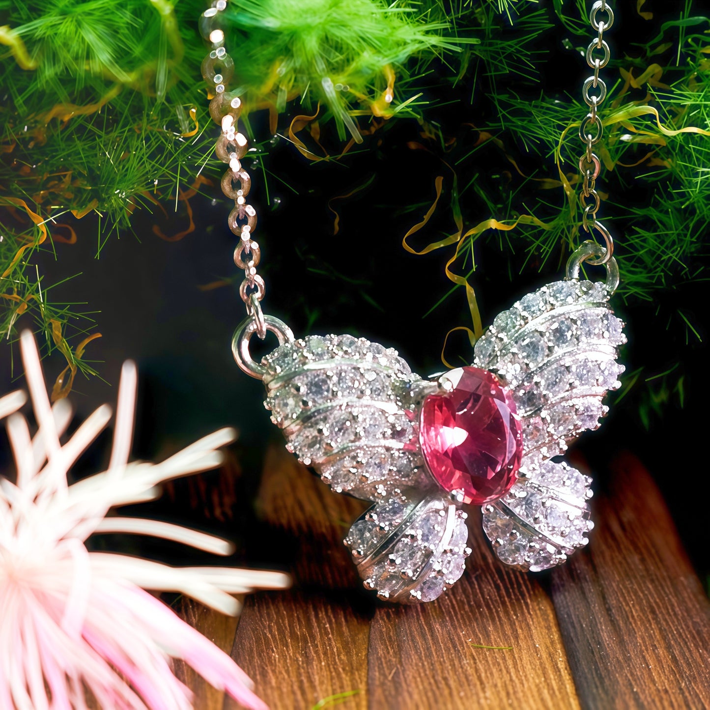 Oval Cut Hot CZ Butterfly Pendant Necklace For Women, Copper Plated Silver Full Pave White Cubic Zirconia Elegant Wedding Party Statement Jewelry Gift