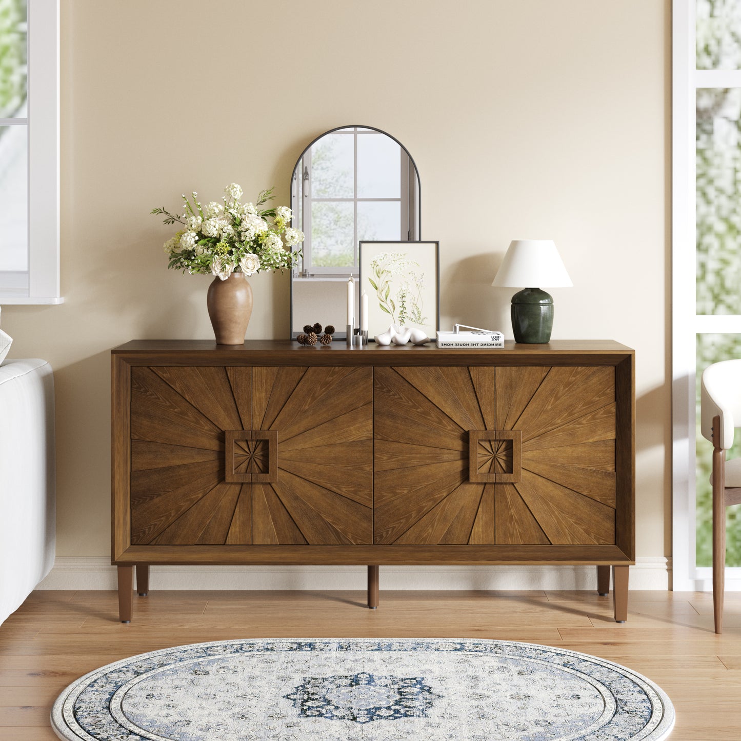 60   Premium Rustic American Farmhouse Credenza - Symmetrical Sunburst Door Design, Heavy-Duty Antique Wood TV Stand With Adjustable Shelves, Storage Cabinet For Living Room Kitchen  Antique Brown