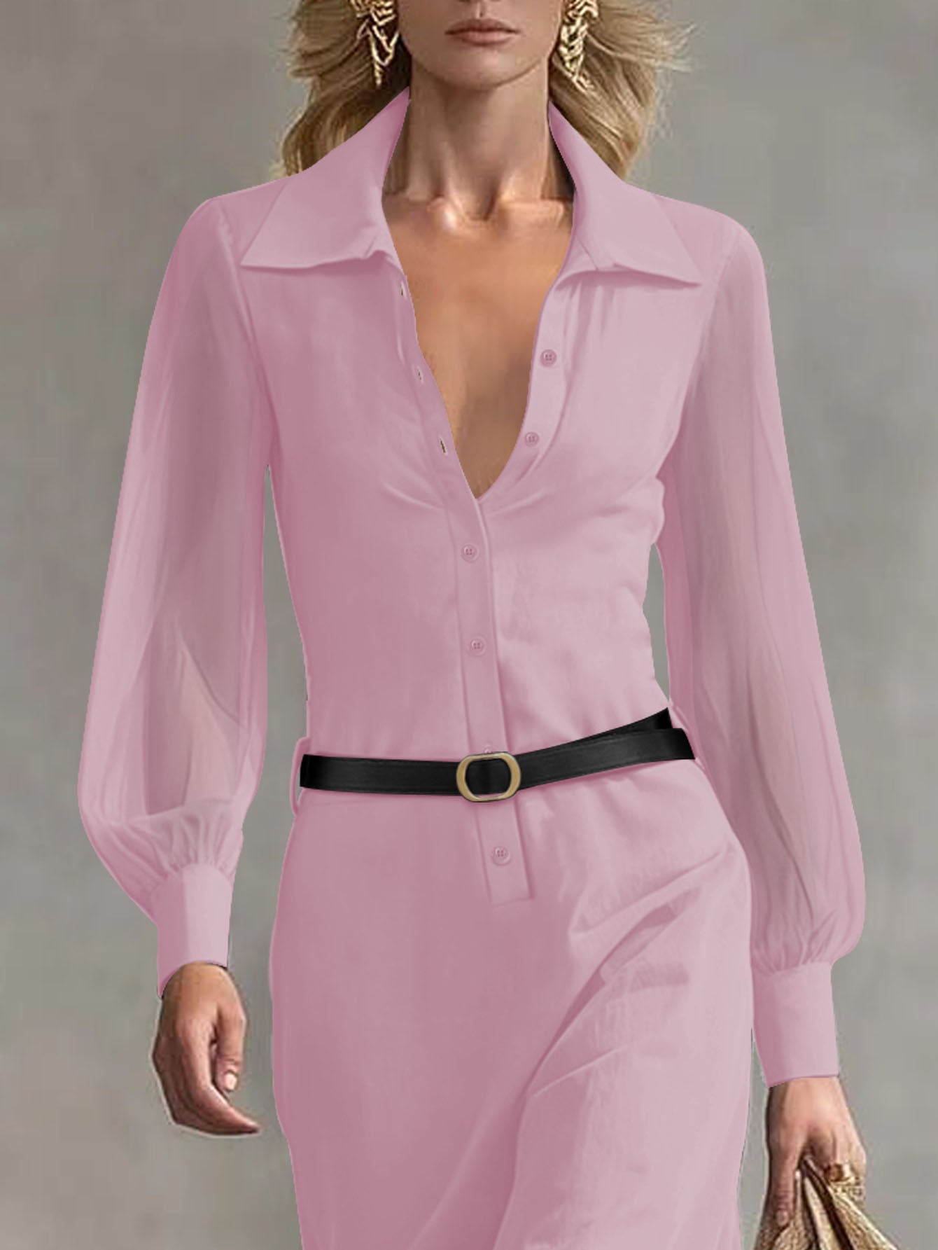 Women's Collared Neck Sheer Puff Sleeve Button Front Belted Maxi Shirt Dress Elegant Office Wear Maxi Dress