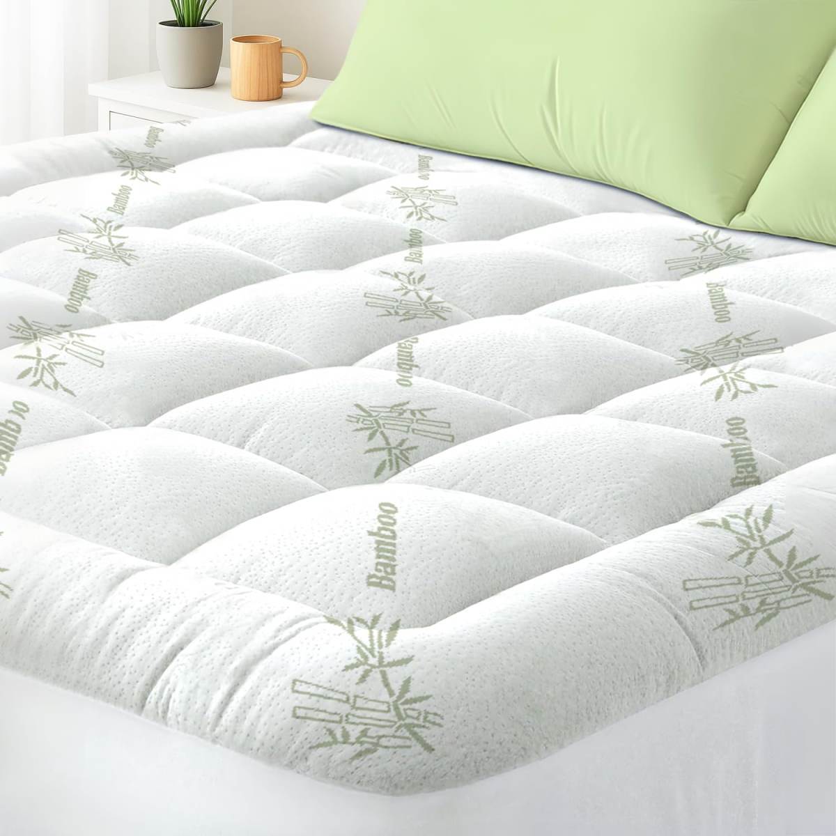 Queen Mattress Topper Viscose Derived From Bamboo, Cooling Thick Pillow Top Mattress Pad With Deep Pocket For 8-21 Mattress, Soft Breathable Mattress Topper For Back Pain Relief, Black   Green