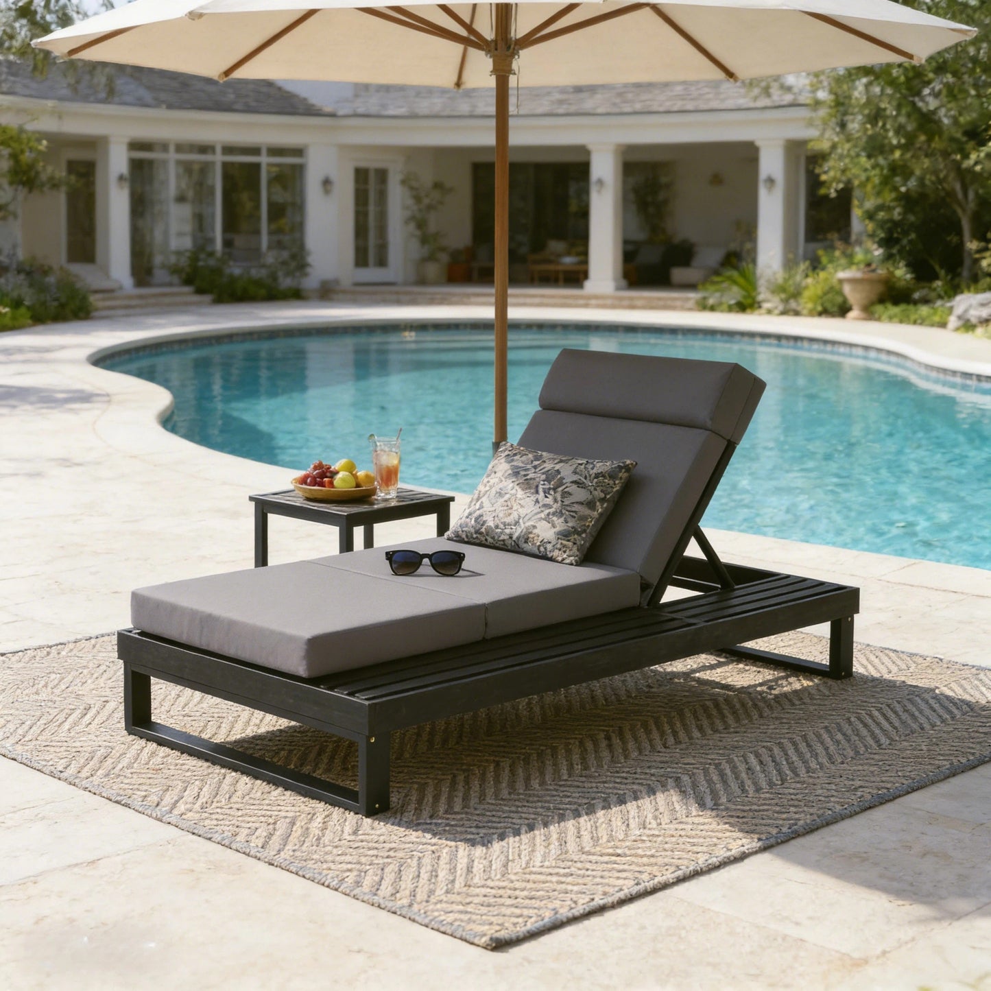 Black Acacia Wood Chaise Lounge With 4-Inch Dark Gray 4-Fold Cushion Set, Adjustable Outdoor Patio Lounger With Flat Side Surface, For Poolside- Matching Cream,beige Version Available