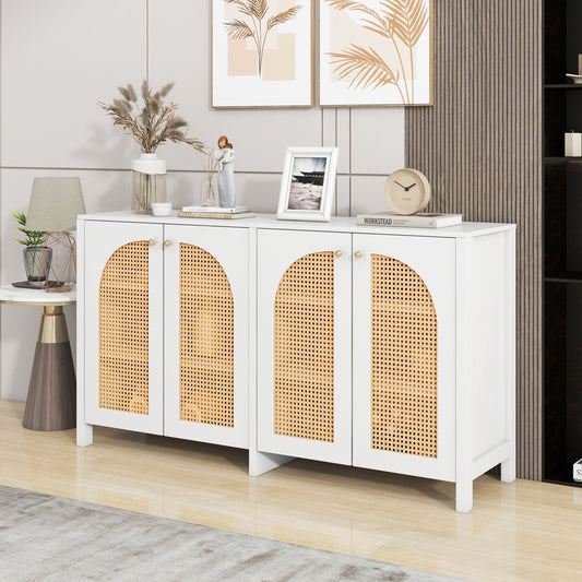 Modern Minimalist Style Sideboard 4-Rattan Door, Metal Handle Simple Buffet Cabinet For Dining Room, Living Room, Kitchen  White