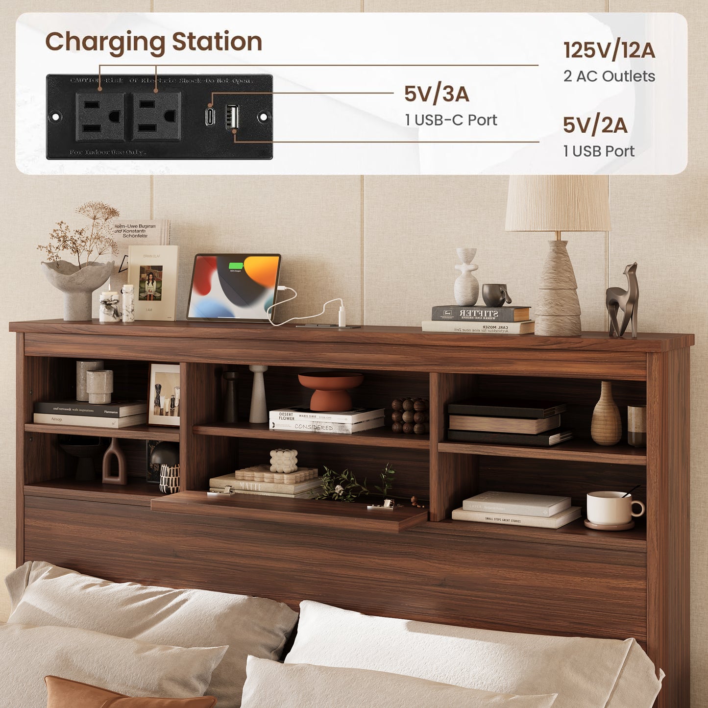 4PCS Bedroom Sets, Wooden Queen Size Bed Frame With Storage Headboard And Charging Station, 2 Nightstands With 2 Drawers, 1 Dresser With 5 Drawers, Walnut Old SKU HL000102AAD