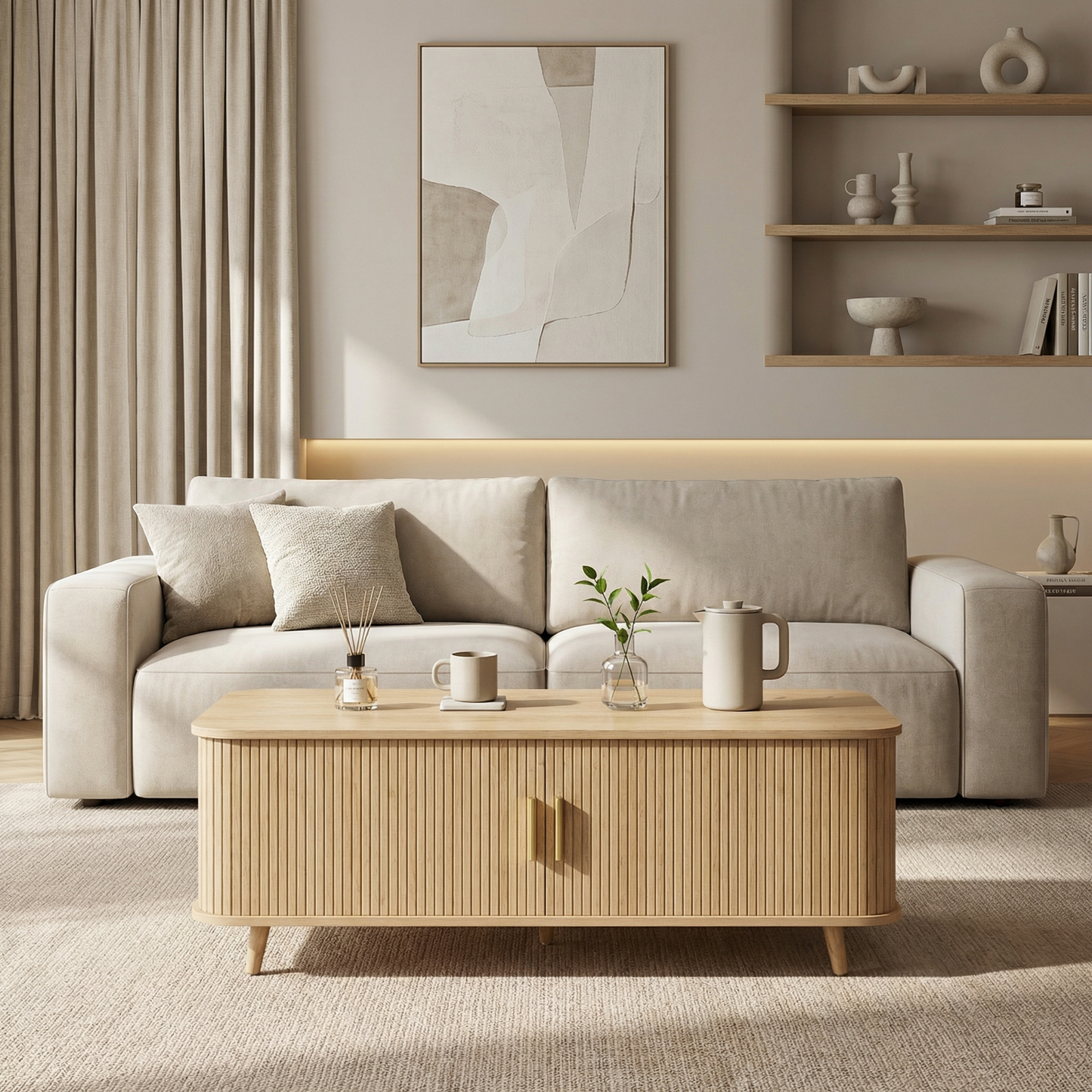 Modern Mid-Century Coffee Table With Storage Natural Wood Finish, 4 Open Shelves & 2 Doors, For Living Room, Entertainment Center, Home Theater