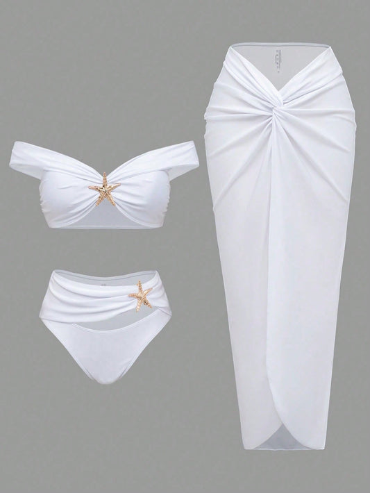White Off Shoulder Starfish Decor Bikini Set With Twist Front Cover Up Skirt
