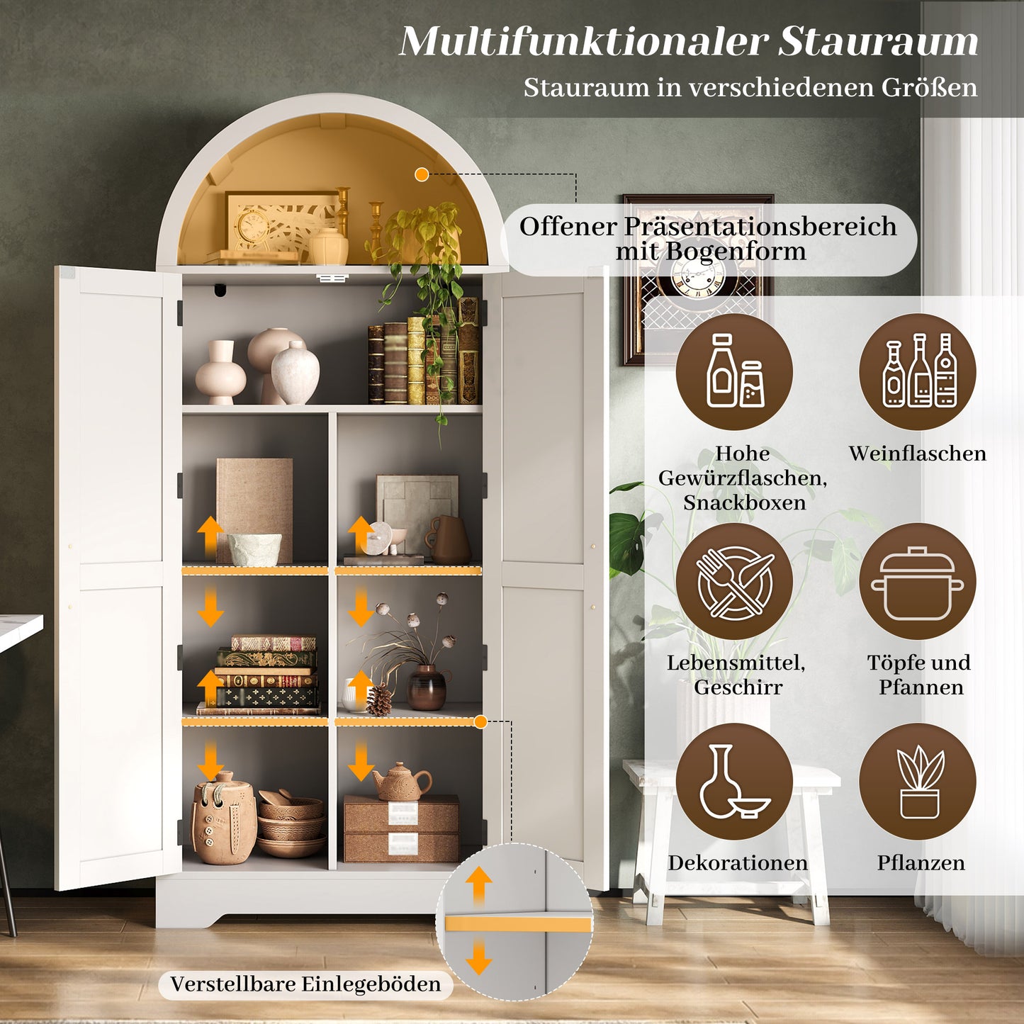 170x70x35cm High, Arched Cabinet, Kitchen Cabinet, Display Case, Wine Cabinet, With Storage Above The Door And Open Top Part, Suitable For Kitchen, Dining Room, Living Room And Bedroom White