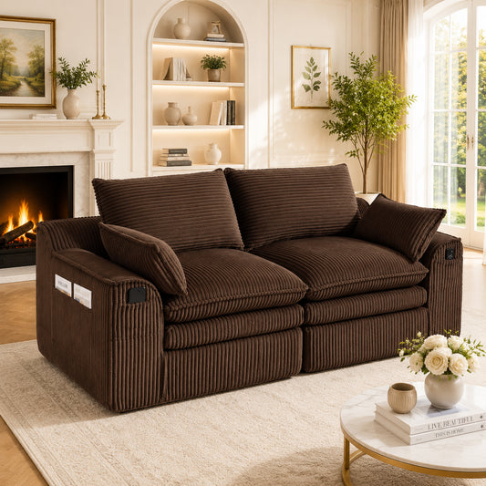 Modular 2-seater Corduroy Sofa  With Cushions And Two Different Sized Side Pockets, 3-layer Foam  Spring Core For Quick Rebound. Ideal For Living Room, Office And More. Brown