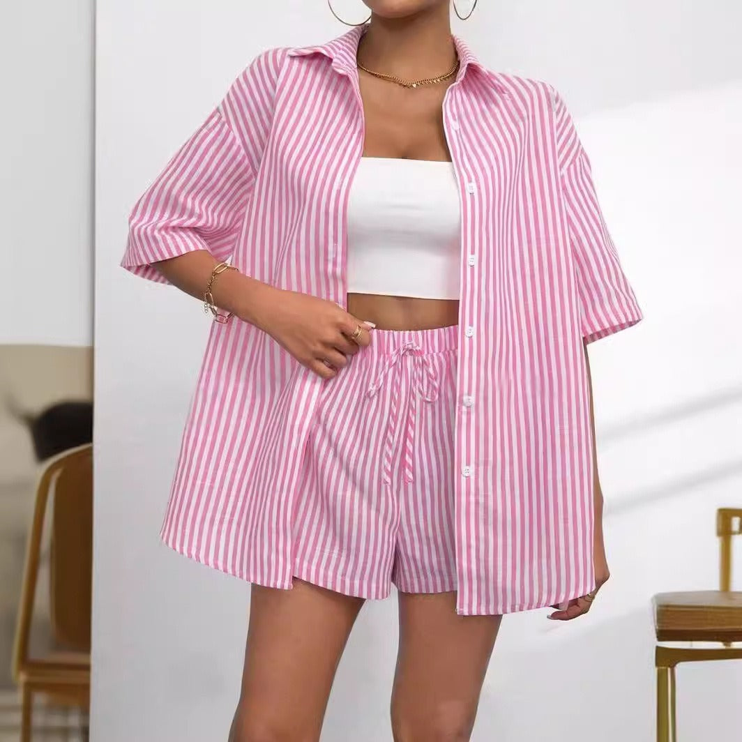 New Fashion Outfit, Spring & Summer Lapel Striped Shirt & Shorts 2-Piece Set For Women