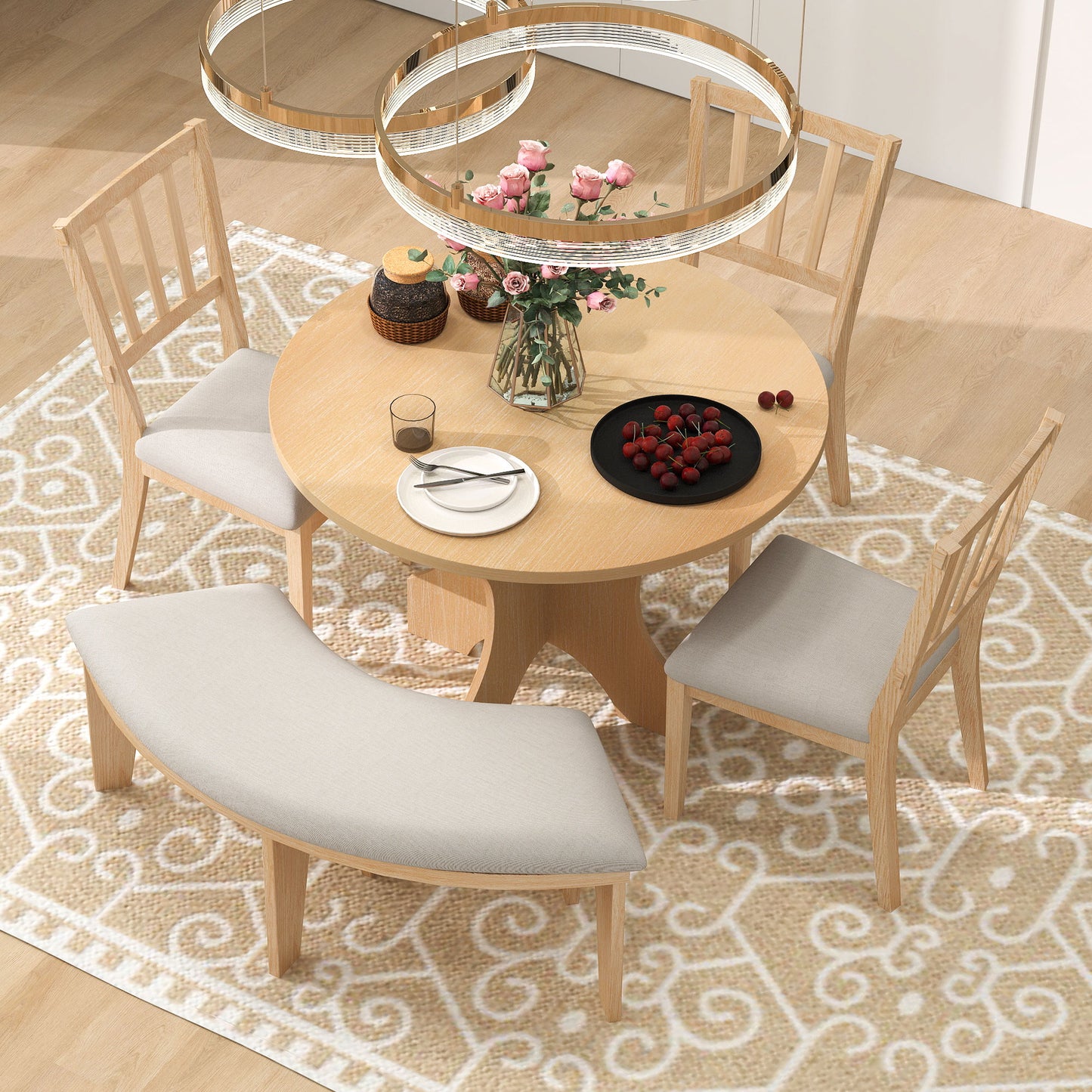 TREXM 5-piece Rustic Charm Round Dining Set With 3 Upholstered Chairs And Curved Bench For Dining Room  Kitchen And Living Room  Natural
