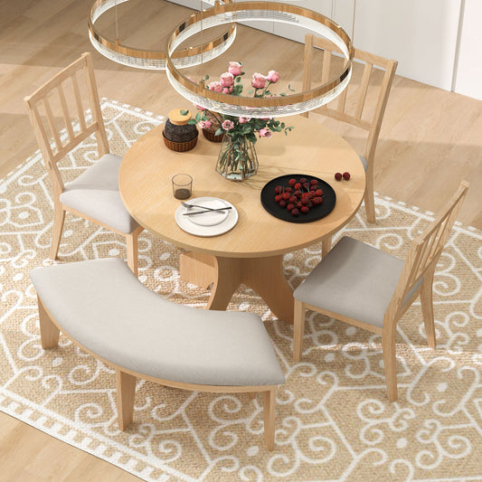 TREXM 5-piece Rustic Charm Round Dining Set With 3 Upholstered Chairs And Curved Bench For Dining Room  Kitchen And Living Room  Natural
