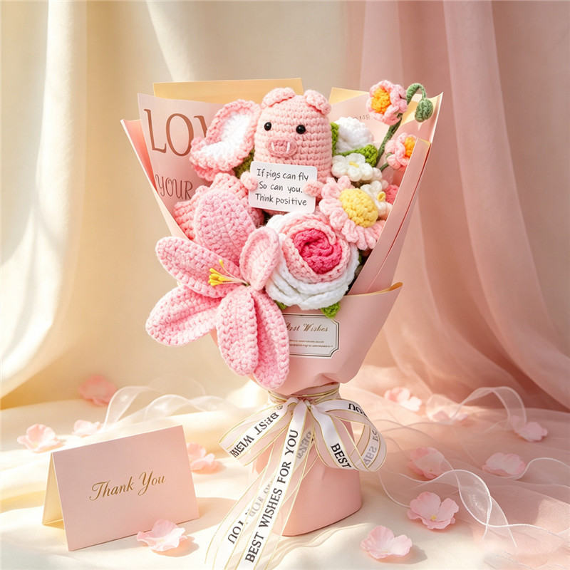 Handmade Crochet Flower Bouquet Featuring Cute Pig Doll Alongside Roses And Lilies, Soft Yarn Everlasting Knitted Bouquet, Indoor Home Decor Ornament