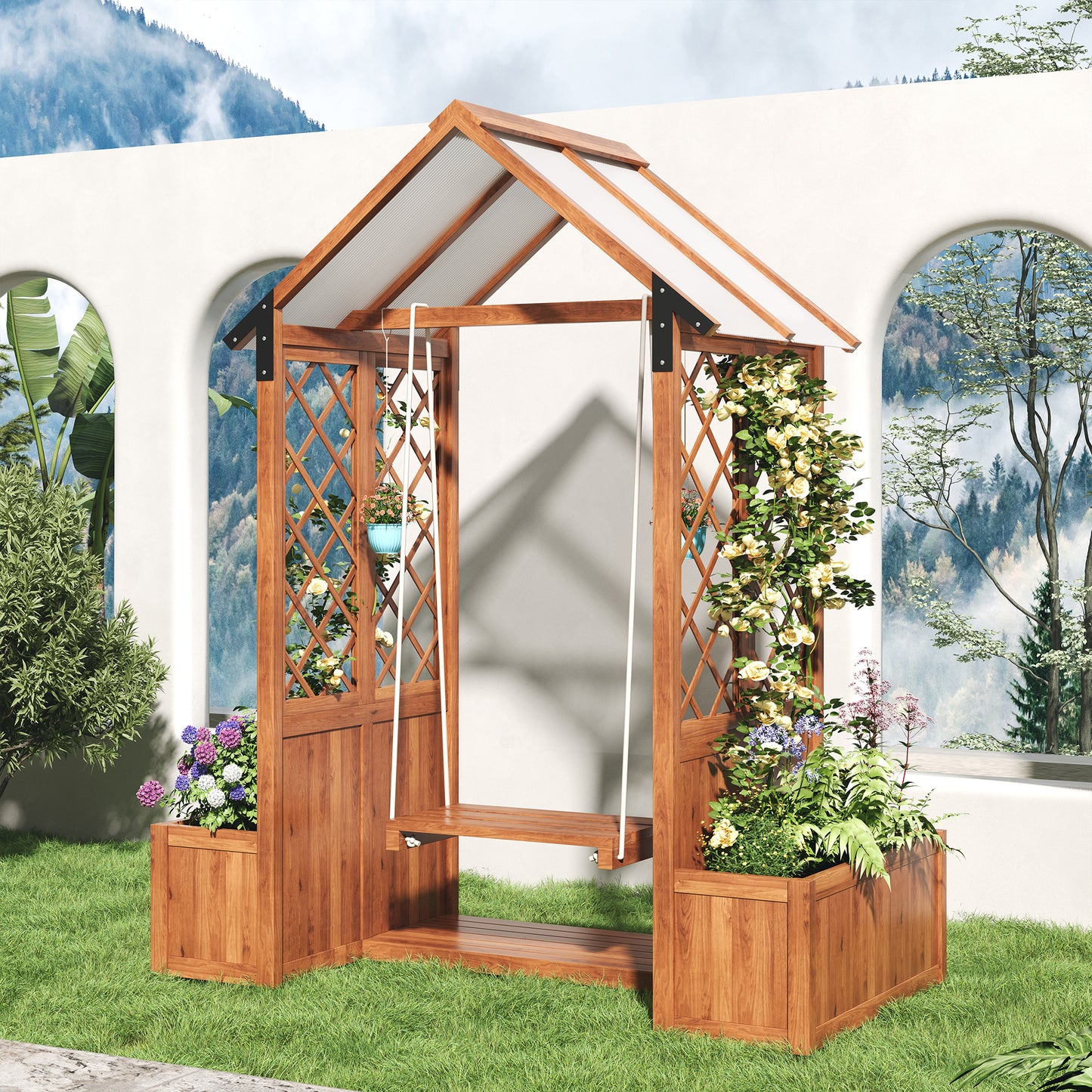 Planter, Outdoor Swing, Planter With Trellis As A Climbing Aid, With Polycarbonate Sun Canopy. Planter Planter, Brown Solid Wood, Suitable For Garden, Yard And Patio