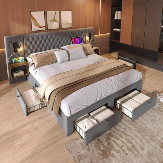 AB30260890G Bed Linen Complete Set, Upholstered Bed Double Bed 160X200 Cm With 2 Bedside Tables And 4 Drawers, Headboard Reading Light With USB Charging Function, Grey, Velvet  Without Mattress