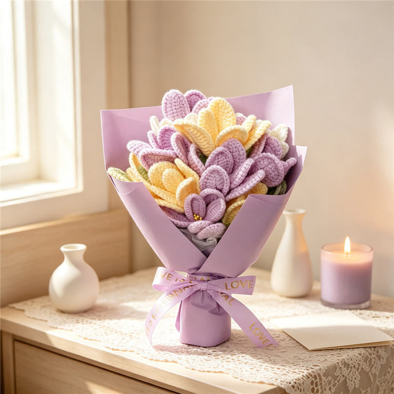 Handmade Crochet Tulip Bouquet, Everlasting Soft Yarn Crochet Purple Yellow Mixed Tulip Flowers, Eternal Handmade Crochet Floral Ornament For Home Decor, Anniversary, Birthday & Holiday Gifts
