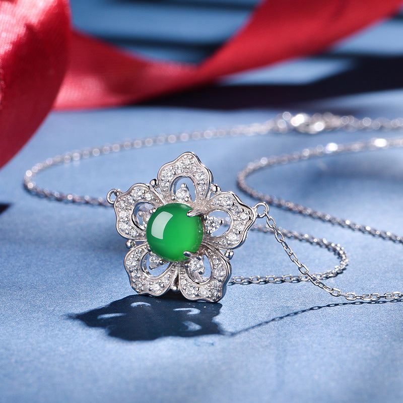 S925 Sterling Silver Flower Clover Necklace, 8mm Round Green Chrysoprase Pendant, Platinum Plated 45cm Chain, 4.5g Elegant Women's Jewelry Gift Set