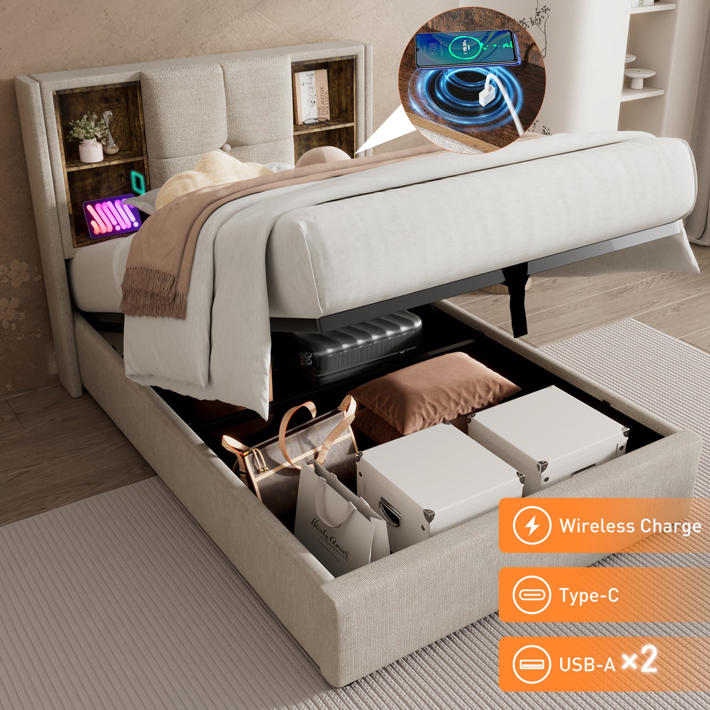 Single Bed With Wireless Charging USB C, Upholstered Bed Frame 90x200cm, Bed Frame With Storage Slatted Base In Wood-Natural Linen  Without Mattress