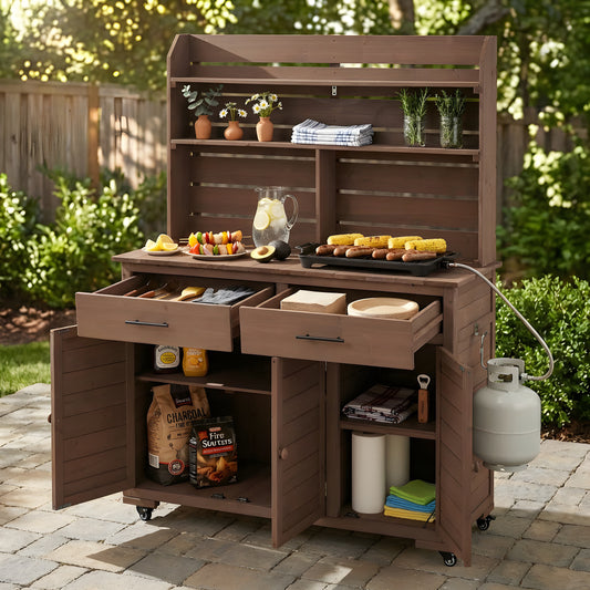 Assembly Video  TOPMAx 65 H Large Garden Potting Bench With Lockable Wheels And Storage Cabinet  Wood Outdoor Kitchen Island Prep Cart With Hutch Top  Drawers And Removal Shelves For Grilling  Brown