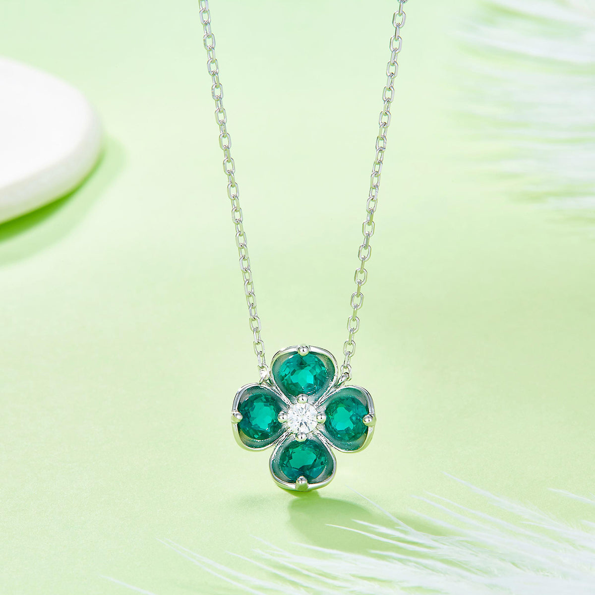 S925 Sterling Silver Clover Necklace, 2.6ct Lab-Grown Ruby Sapphire Emerald Padparadscha, Platinum Plated 45cm, 4.3g Gift Box