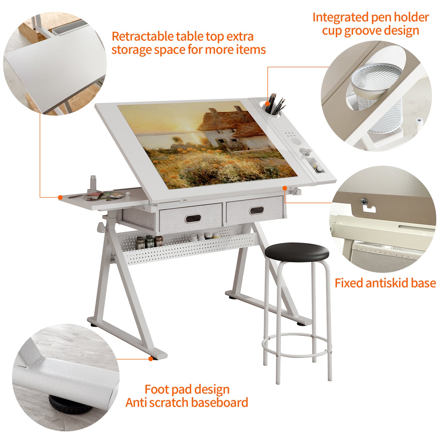 Adjustable Drawing Drafting Table Desk With 2 Drawers For Home Office And School With Stool  All White