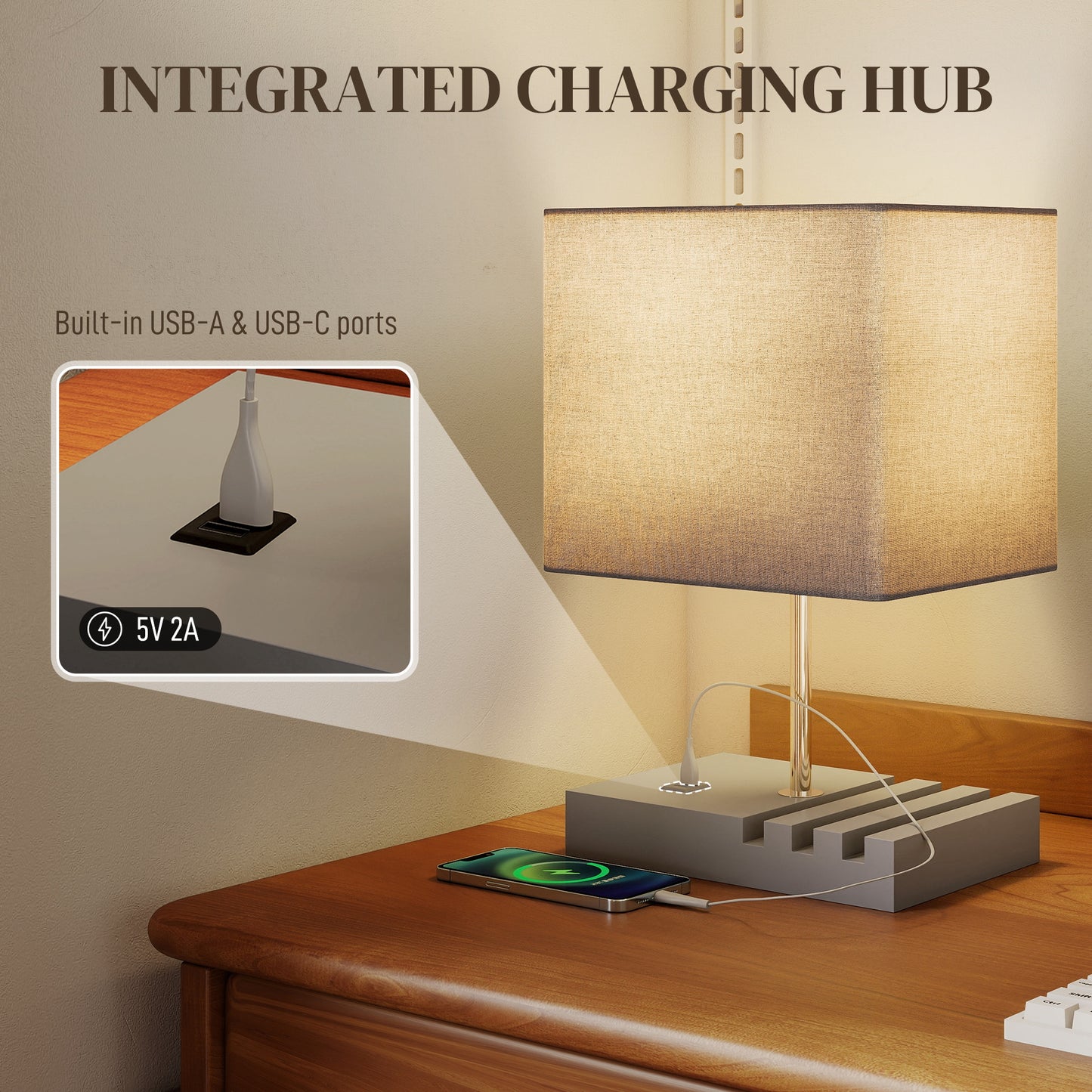 Bedside Lamp With USB A+C Charging Ports And 3 Phone Stands, Modern Table Lamp With Solid Wood Base And Fabric Shade For Bedroom Living Room Office, E27 Socket, Bulb Not Included, Grey