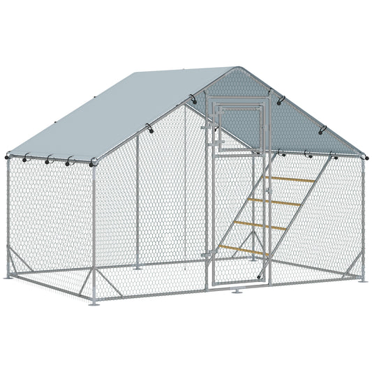PawHut Walk-in Chicken Run W/ Cover, Feeding Door, Hanging Feeder, Perch, For 6-8 Poultry