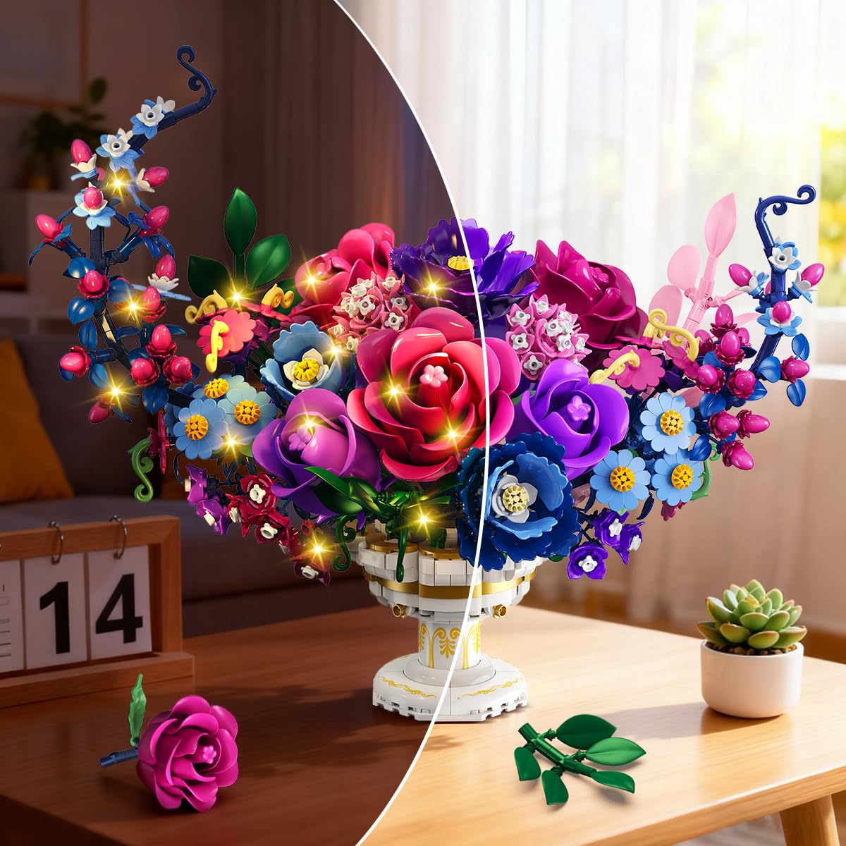 Moon Flower Bouquet Building Set With Lights,Valentines Day Flowers Botanicals Building Block Kit, Bonsai Plant  Home Decor Gift For Adults Women Boys Girls
