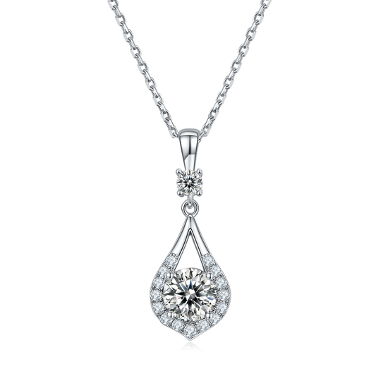 S925 Sterling Silver Teardrop Halo Necklace, 1ct D-VVS1 Moissanite & Lab-Grown Gems, Platinum Plated 1.7g With GRA Certificate Gift Box