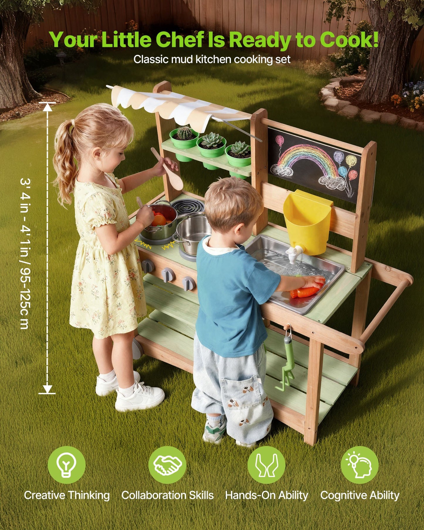 Mud Kitchen, Outdoor Mud Kitchen For Kids, Wood Outdoor Play Kitchens With Spoons, Sink, Sunshade Canopy, Swivel Wheels, Cookware Pots And Accessories, Wooden Play Kitchens For Home, Lawn