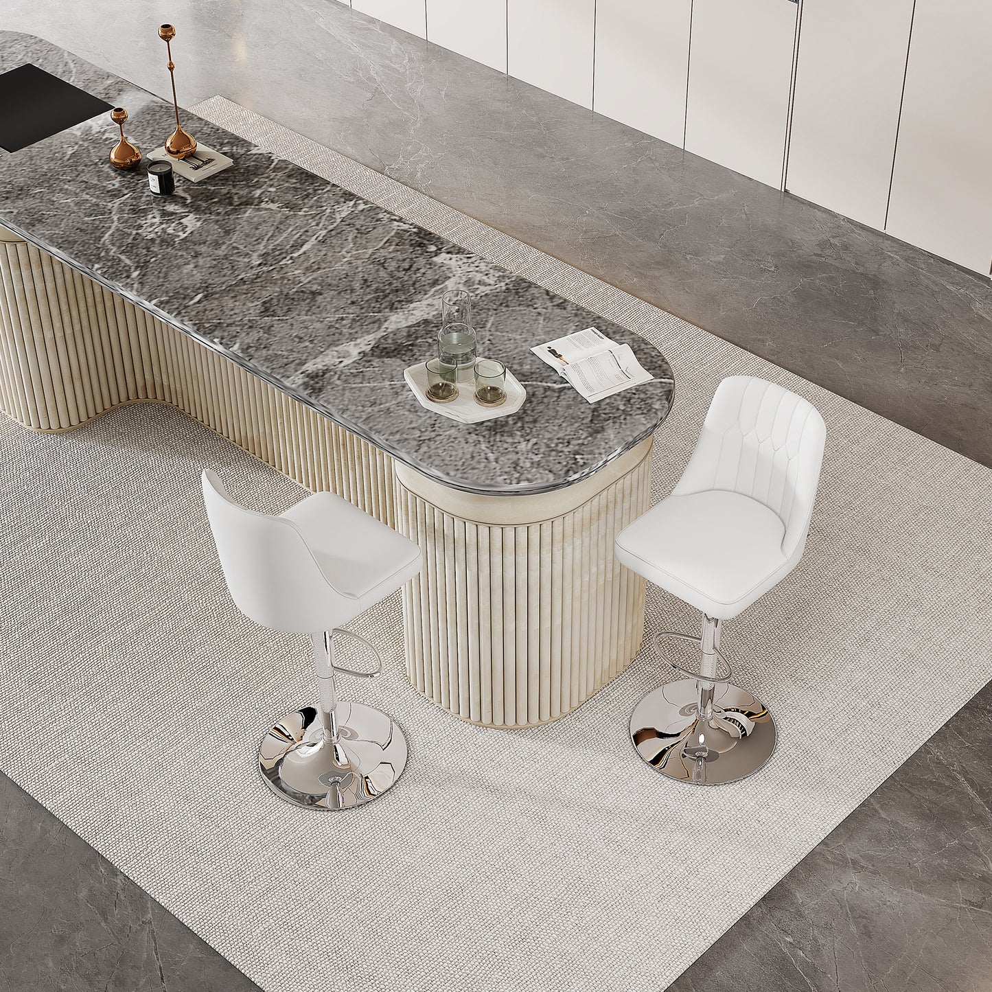 Height-adjustable Bar Stool In Set Of 2, 360 Swivel, Backrest With White PU Leather And Quilted Pattern, Legs Made Of Silver Metal. Suitable For Kitchen Islands And Bar Counters.