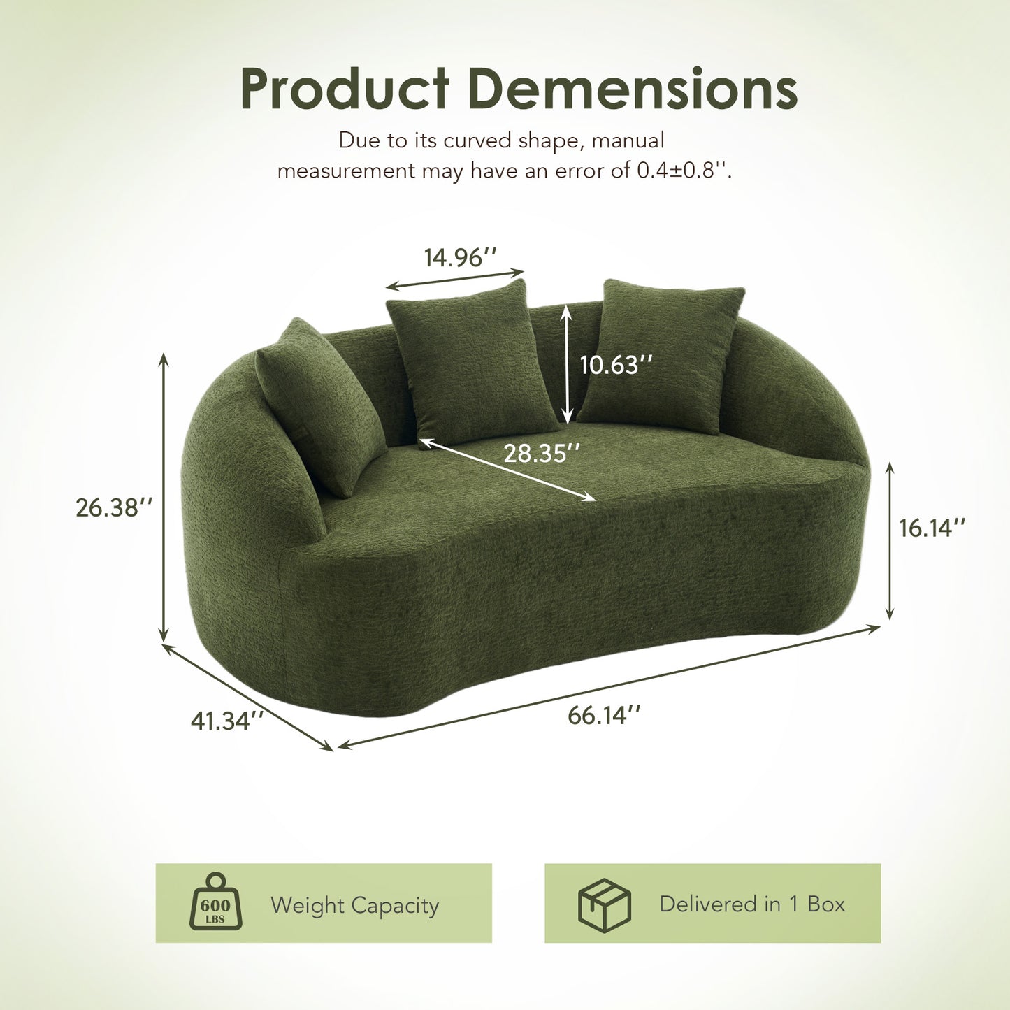 LY-049S Curved Modern Boneless Sofa Loveseat  Backrest Upgrade  2-Seater Green Chenille Compression Couch With 3 Pillows  Minimalist Modular Couches For Living Room  Office  Apartment  Guest Room