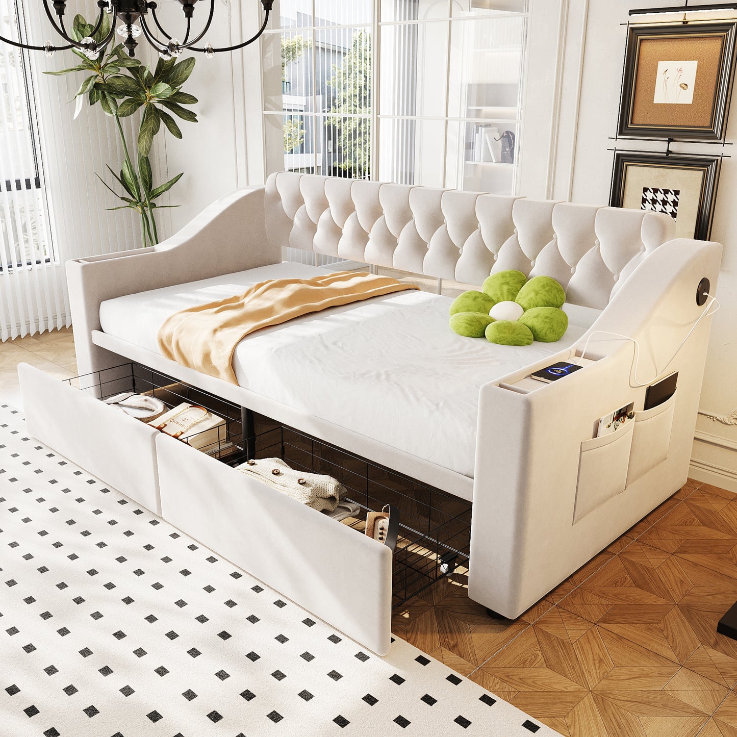 Upholstered Bed Sofa Bed 90x190 Cm, Wider And Thicker Armrests With USB Charging Port, Integrated Shelf In The Armrests, With Storage Pockets, With Storage Drawer, Velvet Fabric, Beige