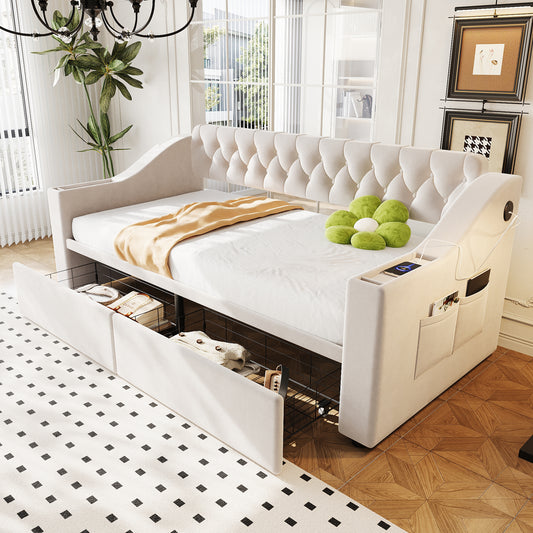 Upholstered Bed Sofa Bed 90x190 Cm, Wider And Thicker Armrests With USB Charging Port, Integrated Shelf In The Armrests, With Storage Pockets, With Storage Drawer, Velvet Fabric, Beige