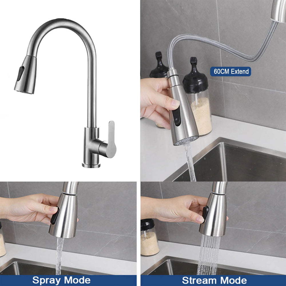 Silvery--Kitchen Tap, 2 Modes 360 Swivel Spout Kitchen Sink Mixer Tap, Single Handle Stainless Steel Tap, For Single Hole Sink And Kitchen, Black And Silvery, Christmas Gifts