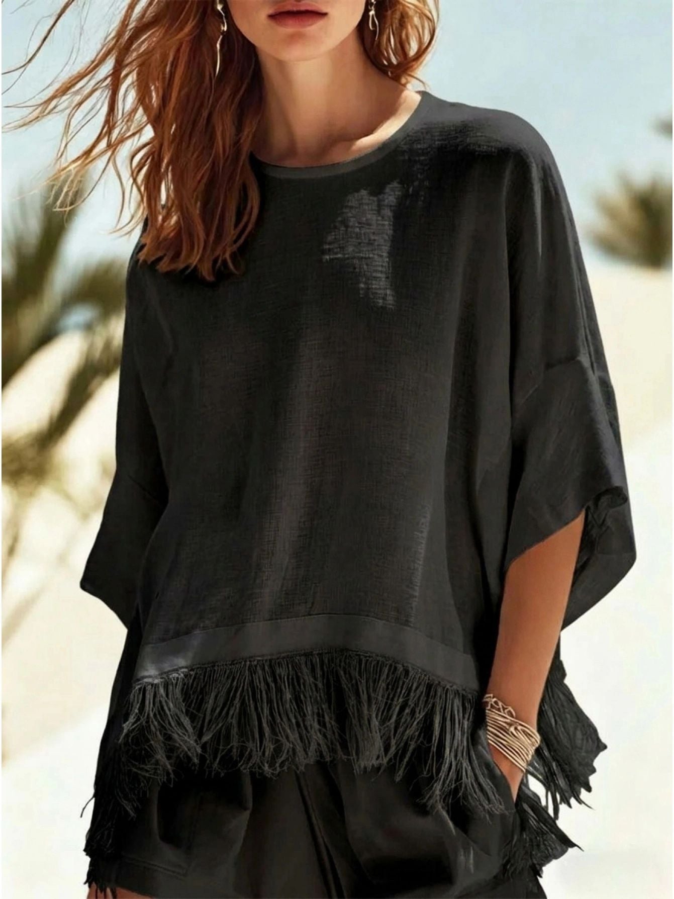 New Autumn & Winter Fashion Casual Crew Neck Fringe Mid-Sleeve T-Shirt