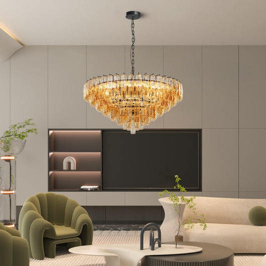 Modern Round Chandelier, 37  Extra Large Black Chandeliers For Dining Room, 14-Light With Tiered Smoke Glass Tubes Ceiling Light, Pendant Lighting Fixture For Living Room Bedroom Kitchen Island
