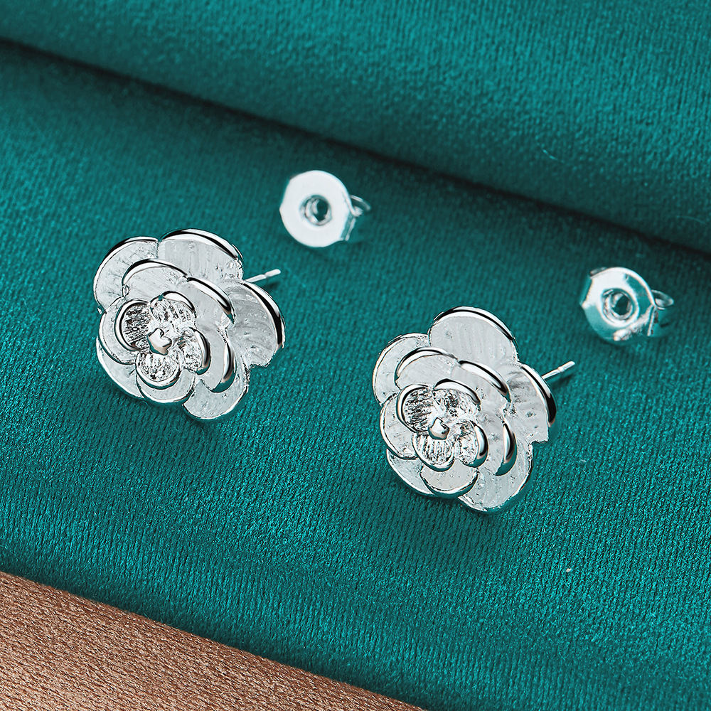 Silver Rose Stud Earrings Female Accessories