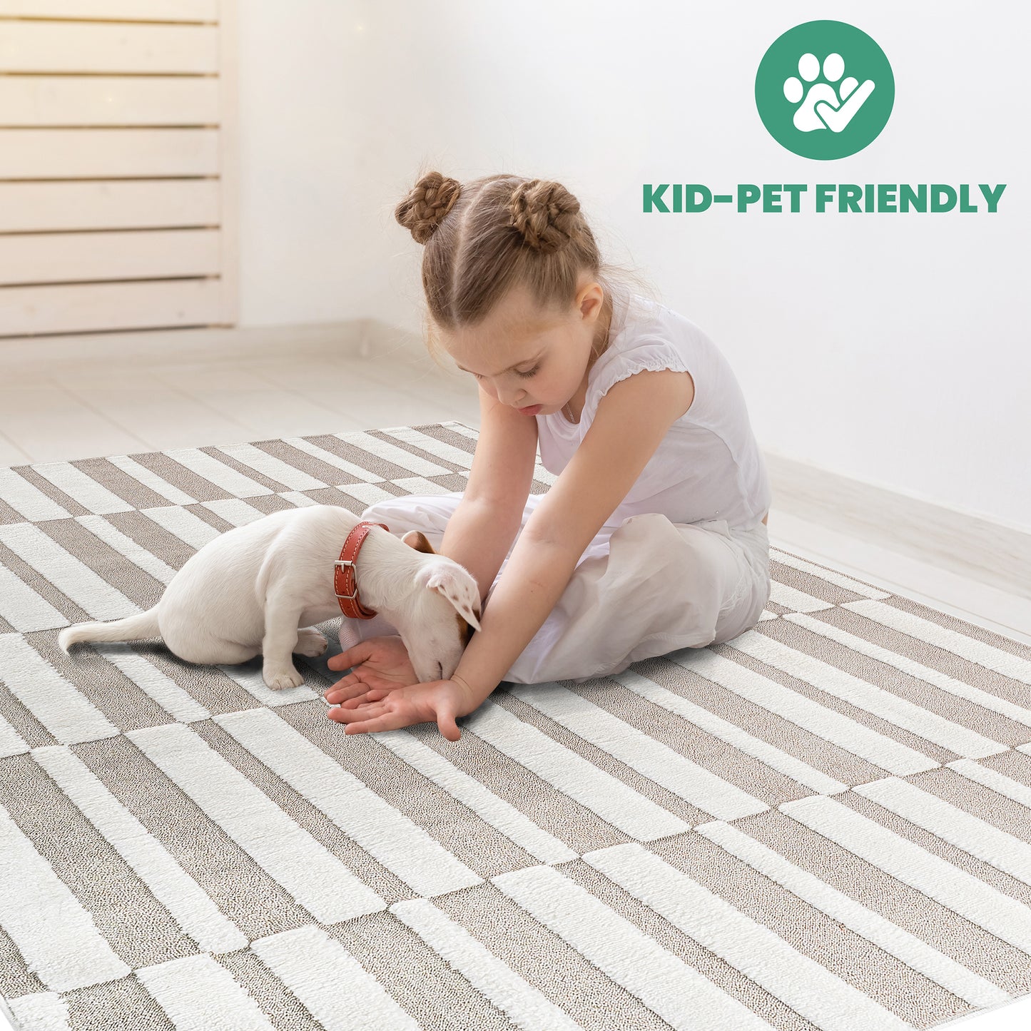 Step Collection High-Low Striped Beige Cream Indoor Area Rug , Modern, Contemporary, Geometric, Bohemian, Bedroom, Kitchen, Living Room, Non Shedding Carpet