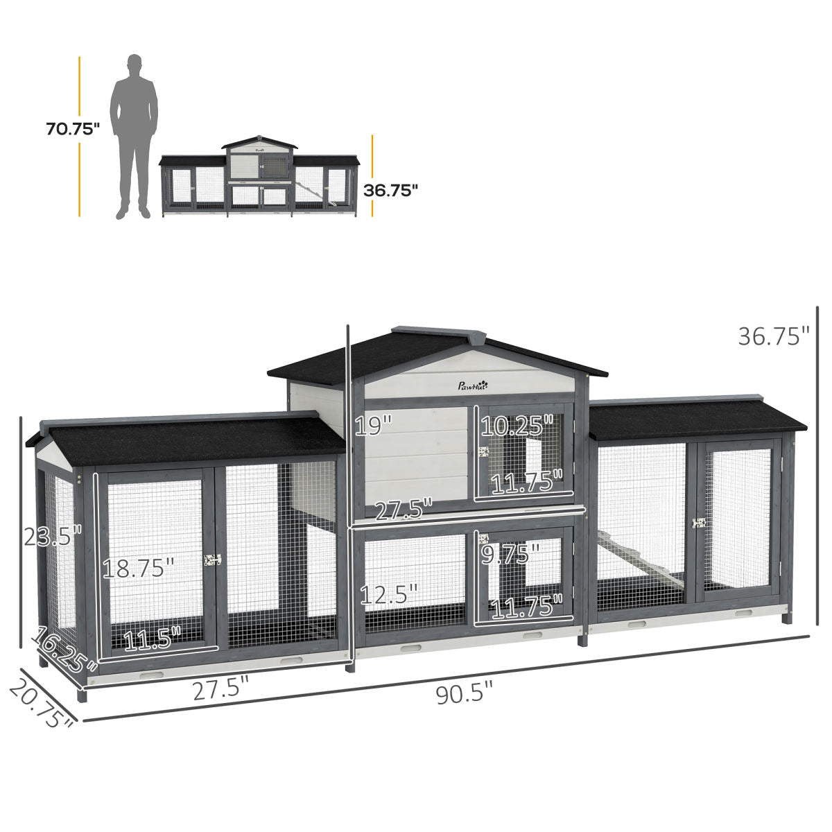 90.5" Wooden Rabbit Hutch Bunny Cage Pet Playpen House Enclosure With Double Side Run Boxes, No Leak Tray, Ramp, For Rabbits, Chickens, Ducks, Guinea Pig And Small Animals, Light Gray