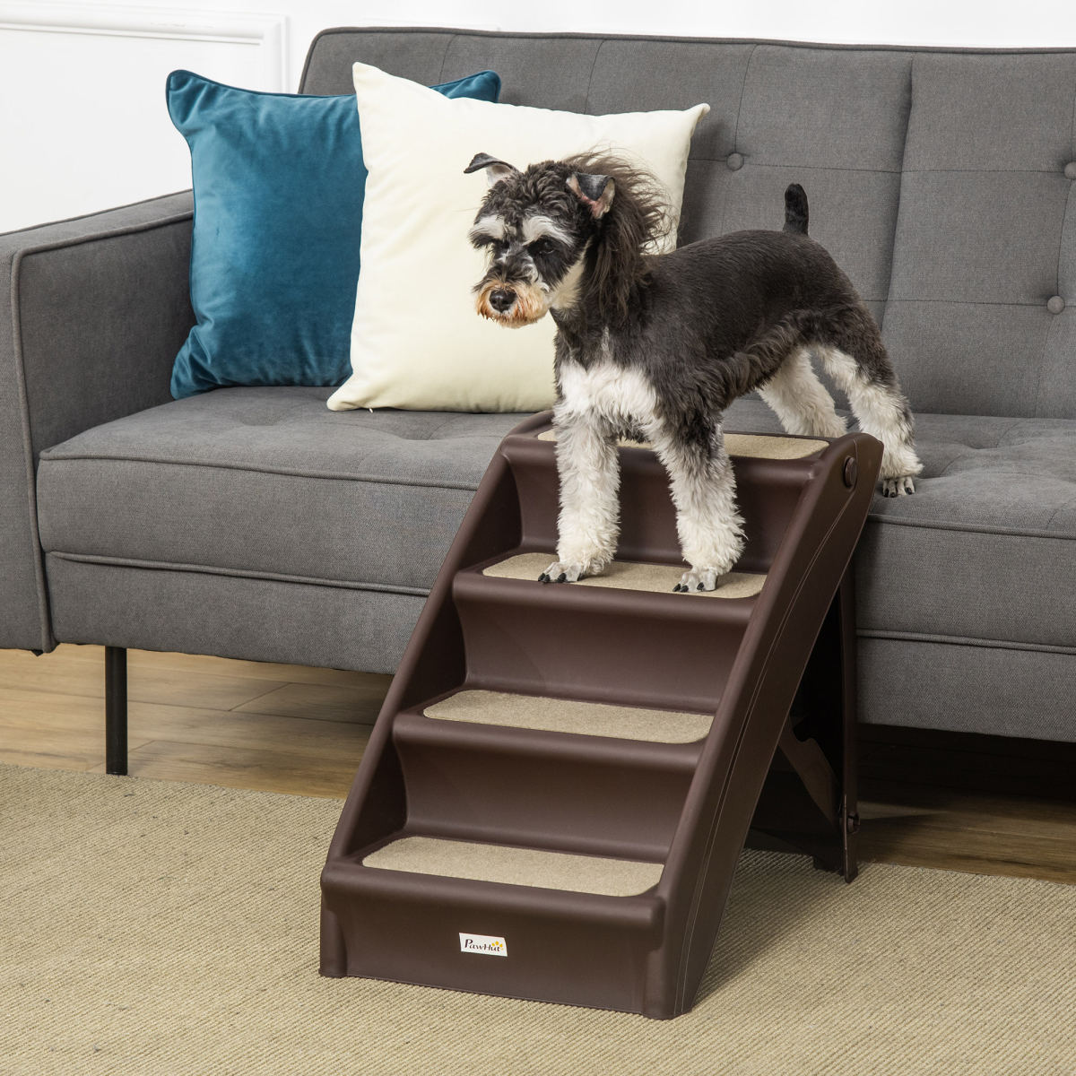 PawHut Foldable Four-Step Pet Stairs, For Cats, Small Miniature Dogs, With Non-Slip Mats 62 X 38 X 49.5cm - Brown