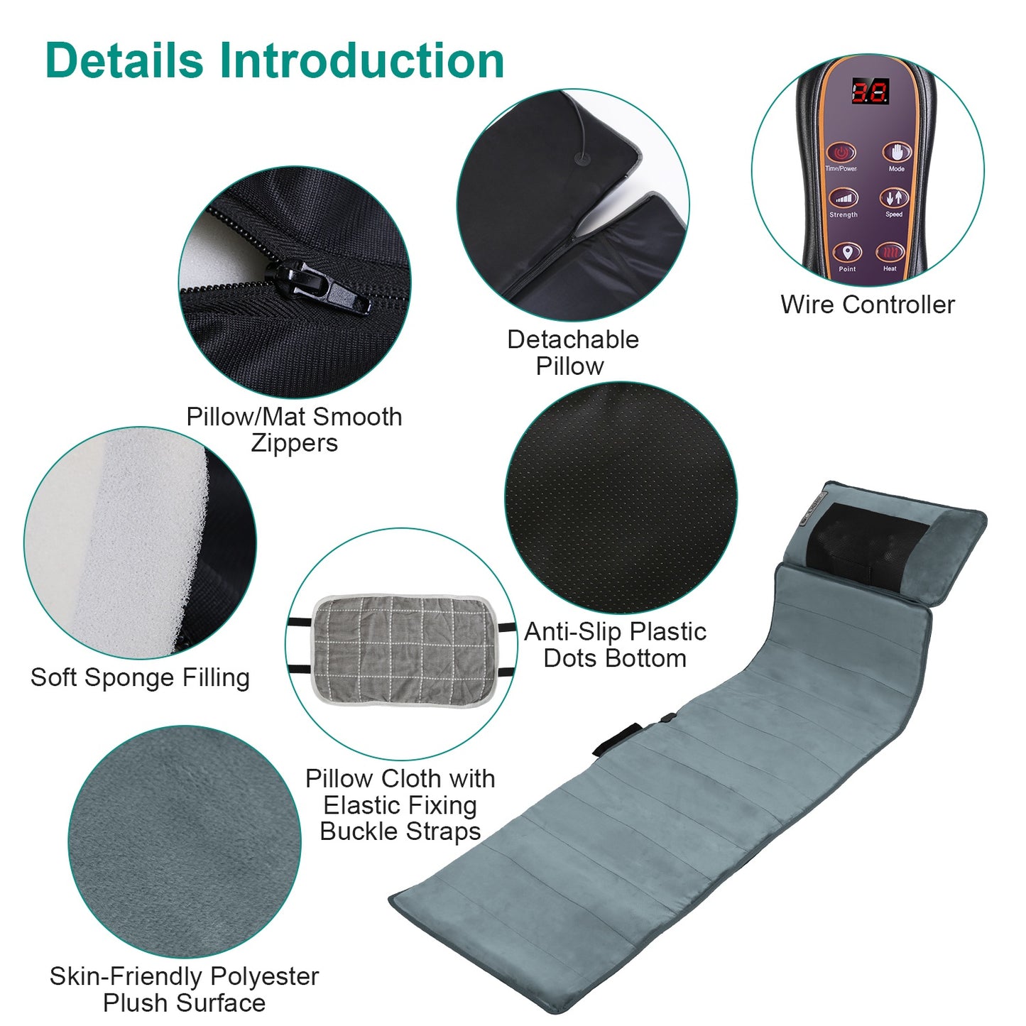 Advanced Type  Full Body Electric Massage Mat With Heat Vibration Massage Pad Cushion Back Massage Mattress Chair Pad With Neck Massage Pillow With 10 Vibration Motors Timer Anti-Slip Bottom Earplugs