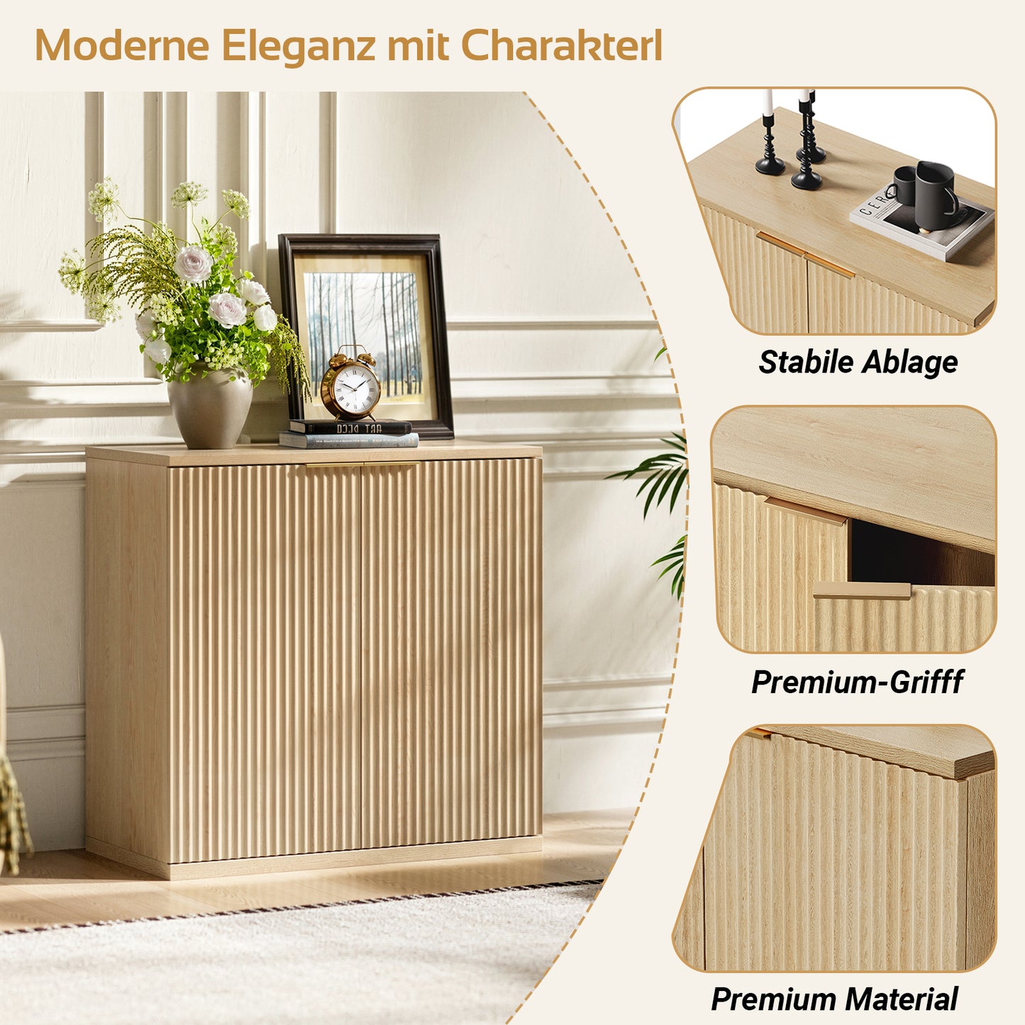 Modern Storage Cabinet With Pleated Front And Metal Handle, Multifunctional Sideboard Cabinet For Living Room & Bedroom, Natural Lightwood Decor, Oak, 60x30x70 Cm