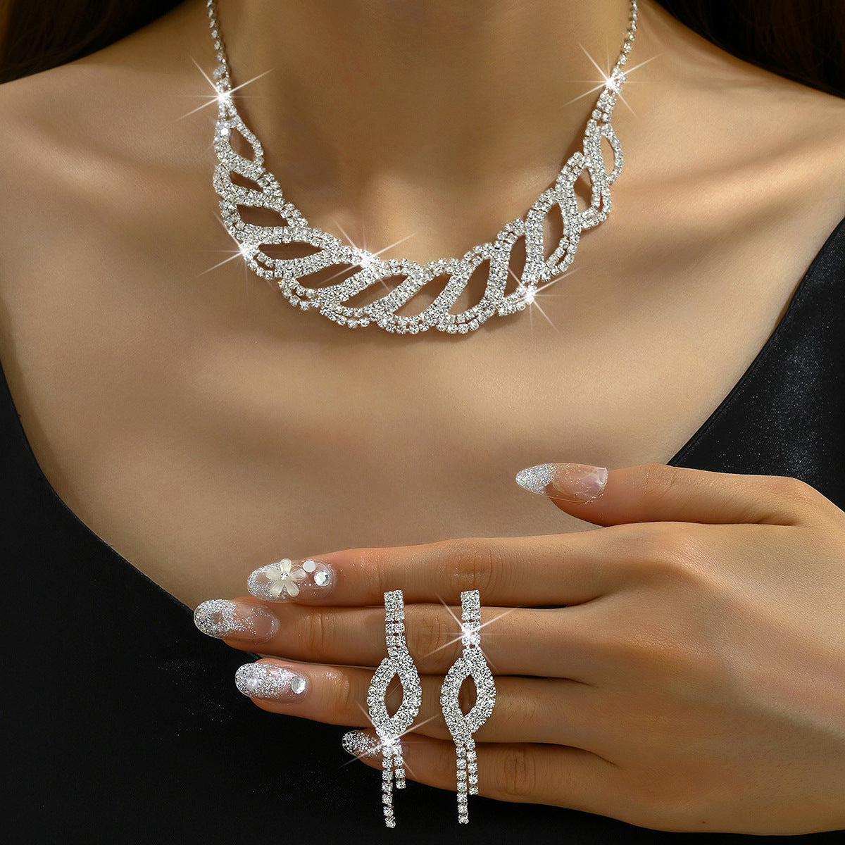 Women 2Pcs Clear Cubic Zirconia Jewelry Set, Intertwined Hollow Twist Necklace & Long Drop Dangle Earrings Silver Plated Formal Wedding Accessories